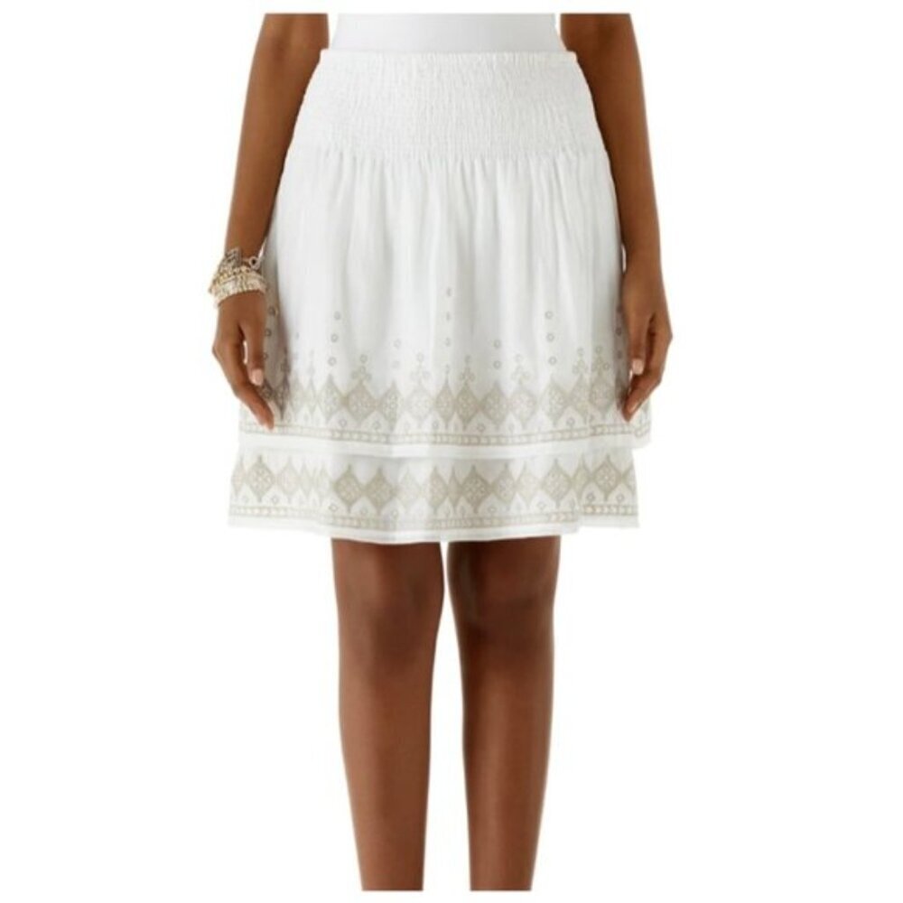 White House Black Market White Embroidered Smocked Waist Tiered Mini Skirt